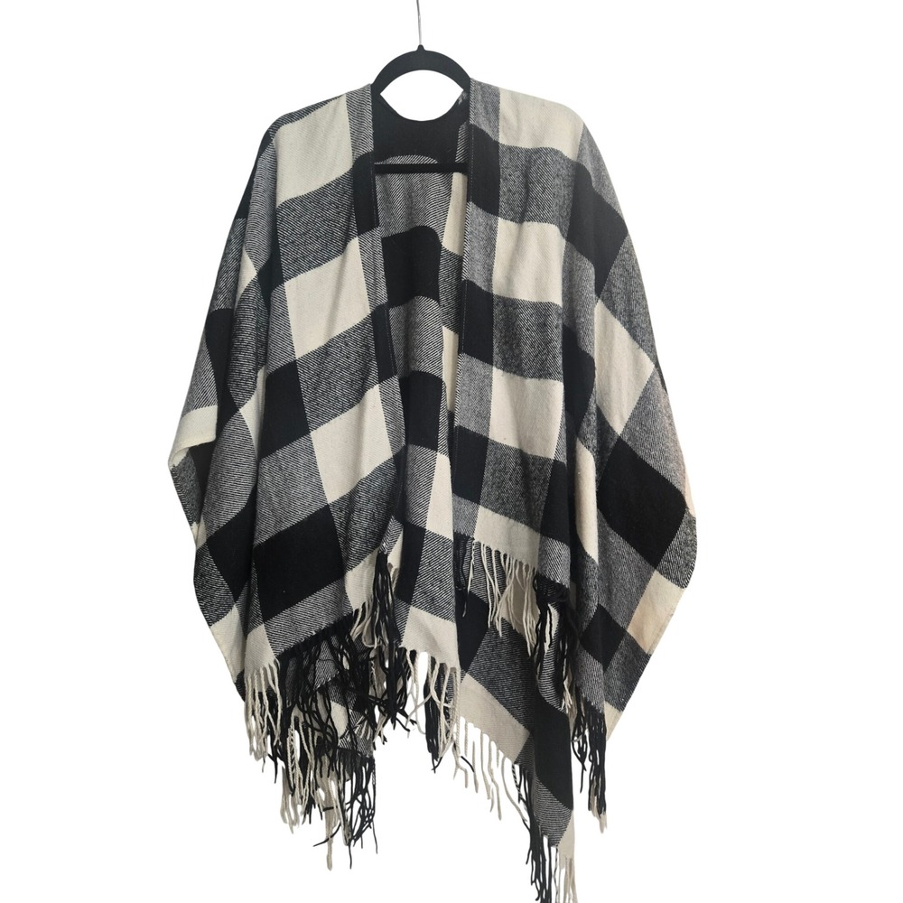 Buffalo Plaid Poncho Wrap Black White Checkered Fringed Shawl Cape Womens